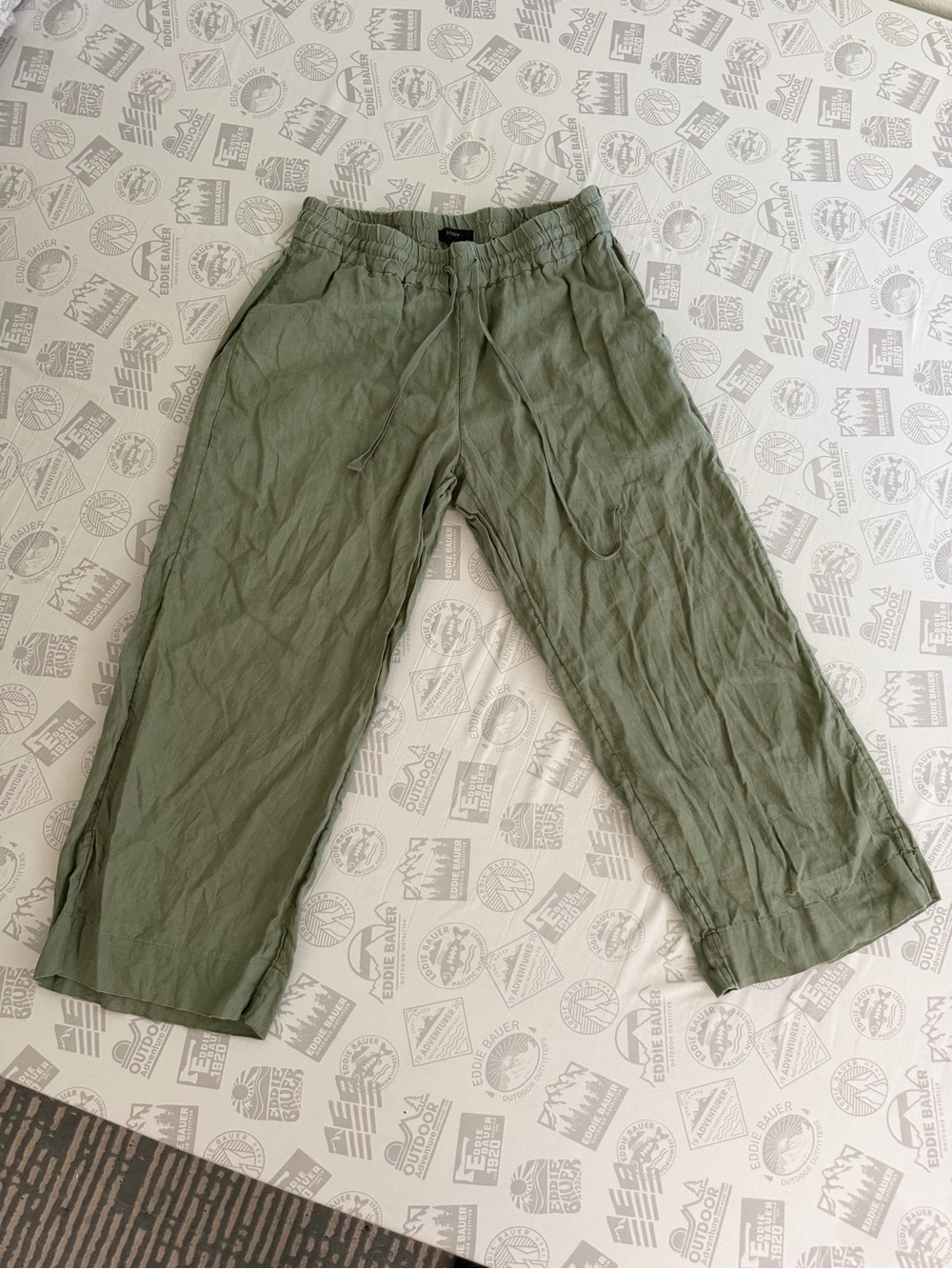 J.Crew Soleil Linen Pants Green Small Wide Leg Pull On Drawstring Beach Resort